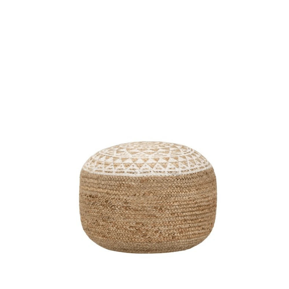 Pouf avec Motif Blanc en Jute